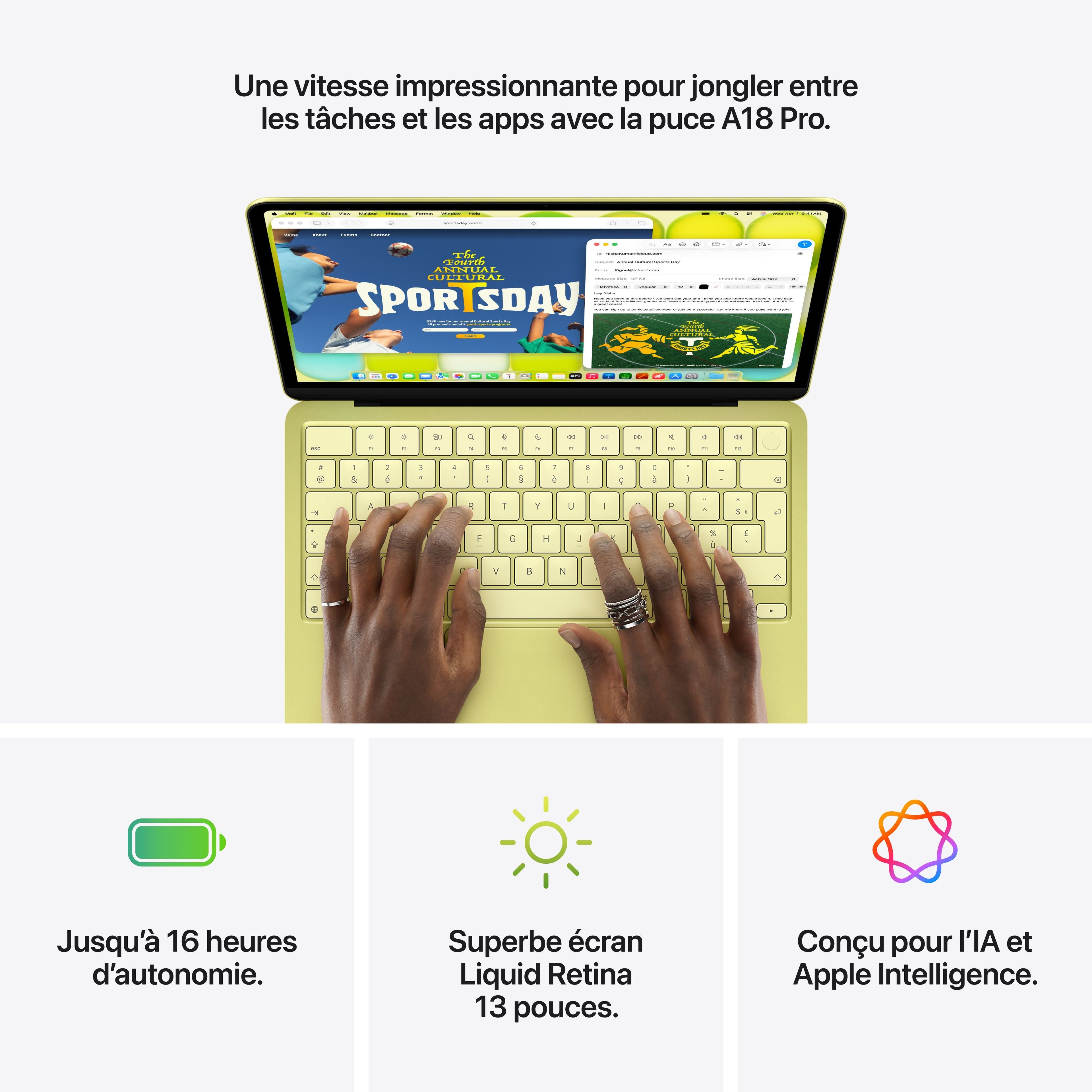 MacBook Neo 13 pouces: Puce Apple A18 Pro avec CPU 6 cœurs et GPU 5 cœurs, Magic Keyboard avec Touch ID, 512 Go SSD - Jaune agru
