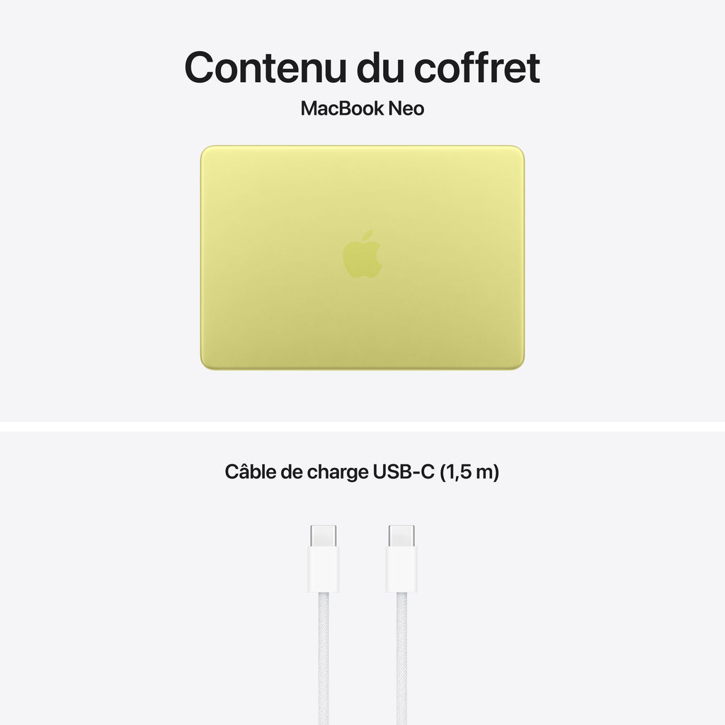 MacBook Neo 13 pouces: Puce Apple A18 Pro avec CPU 6 cœurs et GPU 5 cœurs, Magic Keyboard avec Touch ID, 512 Go SSD - Jaune agru
